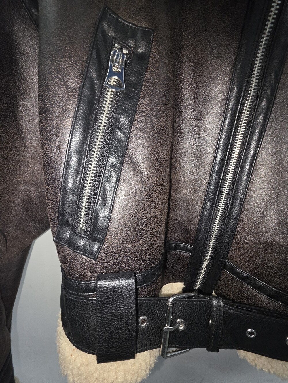 Zara Dark Brown Shearling-Trim Leather Aviator Jacket - Picture 5 of 8
